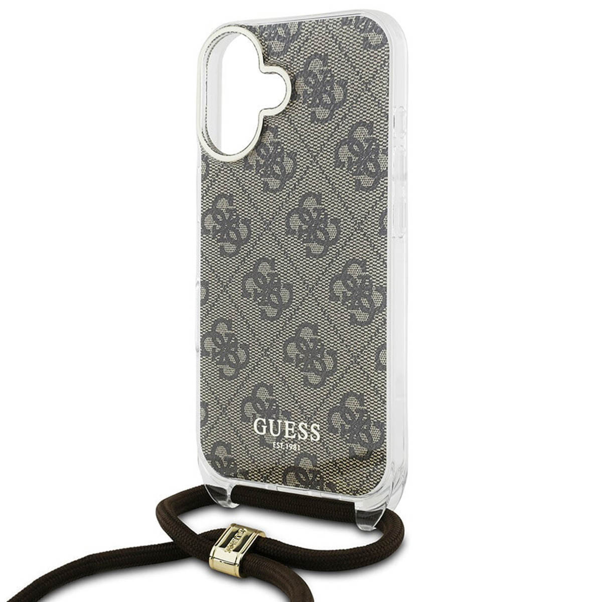 Custodia trasparente con logo Guess stampato e cinturino marrone. La custodia contiene un telefono. Sfondo bianco.