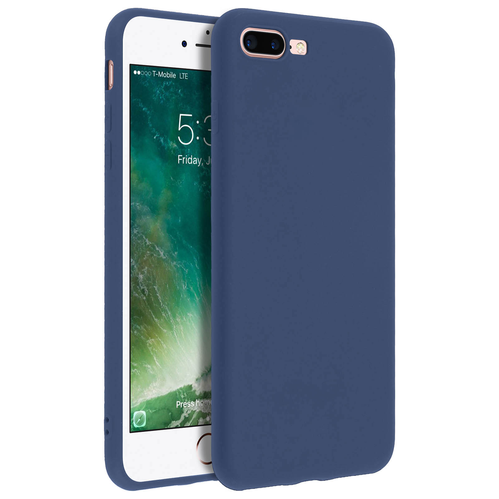 Due telefoni in custodie blu. Uno è su una superficie bianca. L'altro è accanto. Lo schermo è visibile.