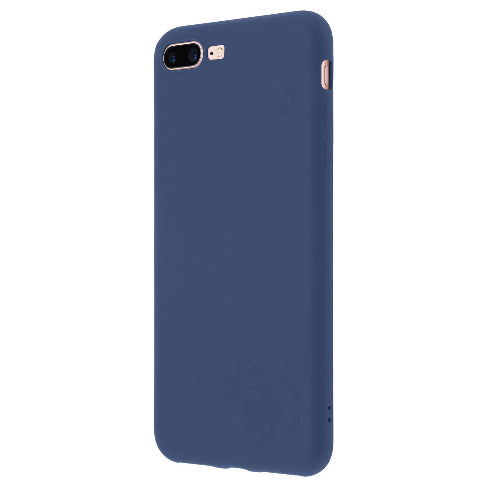 Custodia per telefono blu. La custodia è su una superficie bianca. La fotocamera è visibile. La custodia è blu tinta unita.