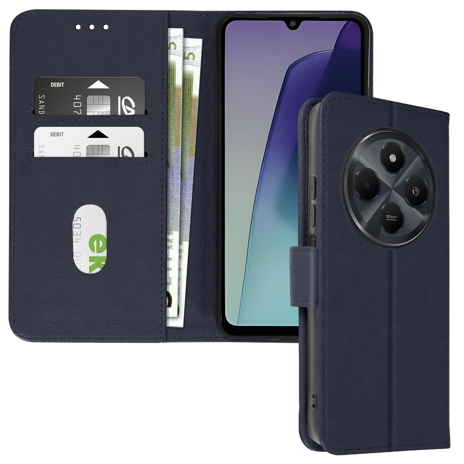 Custodia blu scuro con telefono. All'interno fessure per carte e contanti. Telefono mostra fotocamera.