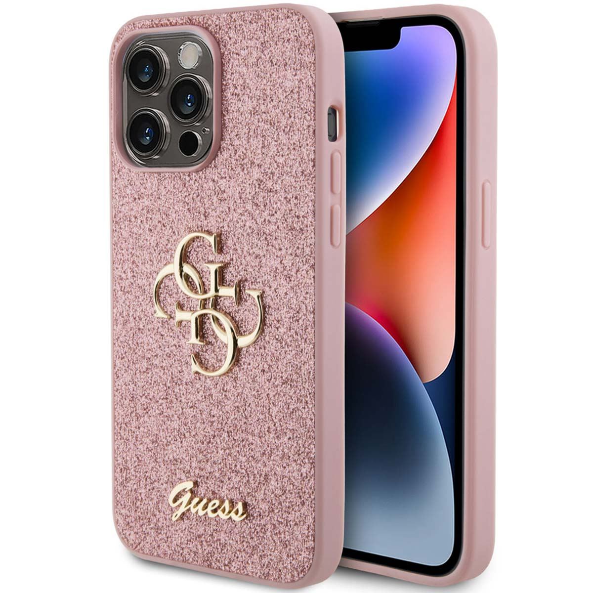 Custodia rosa con logo Guess dorato. Superficie strutturata. Fotocamera del telefono visibile a sinistra.