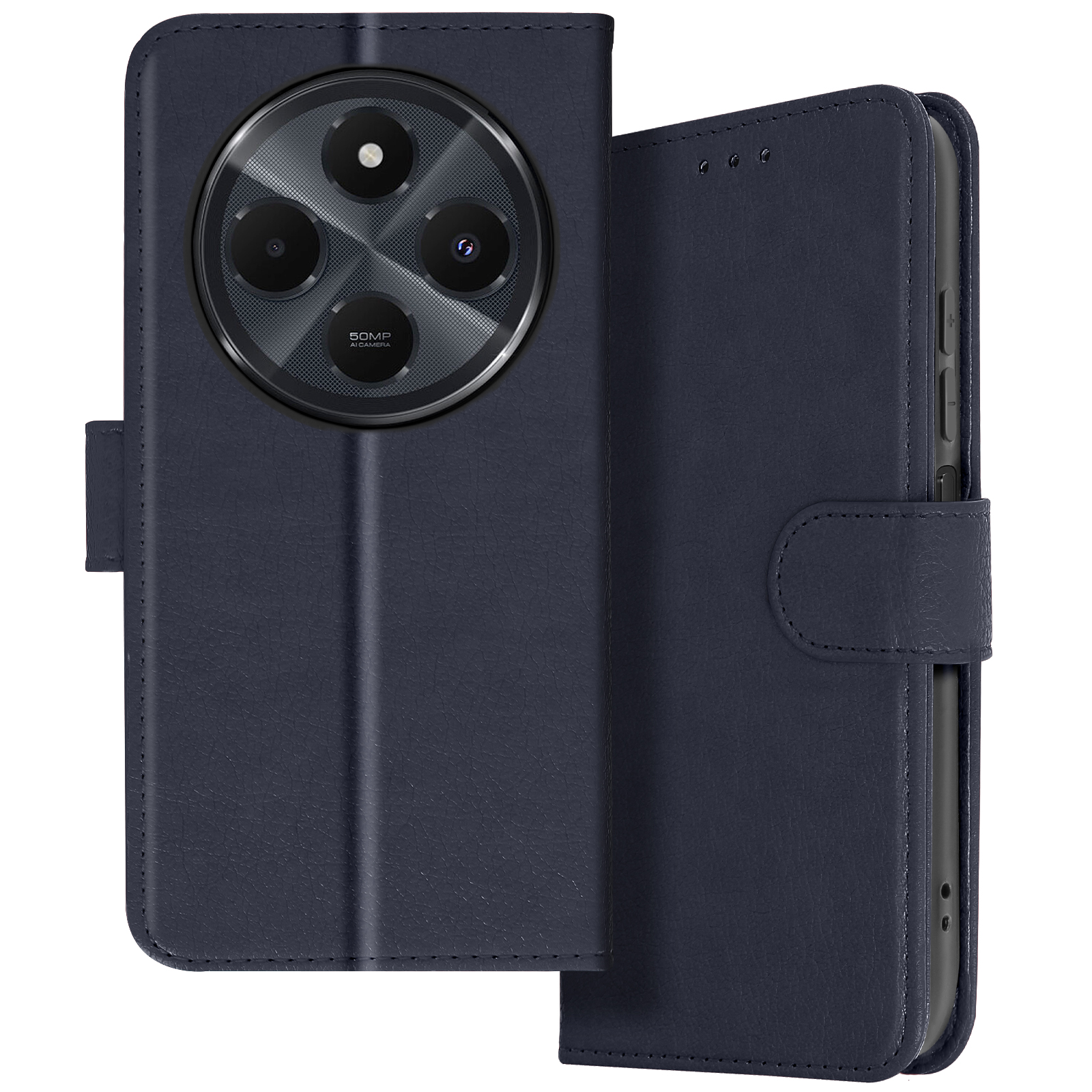 Custodia blu scuro, aperta per rivelare il telefono. Ampio modulo fotocamera centrato.