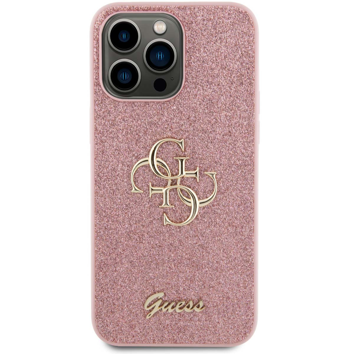 Custodia glitterata rosa con logo Guess dorato. La custodia copre il retro del telefono.