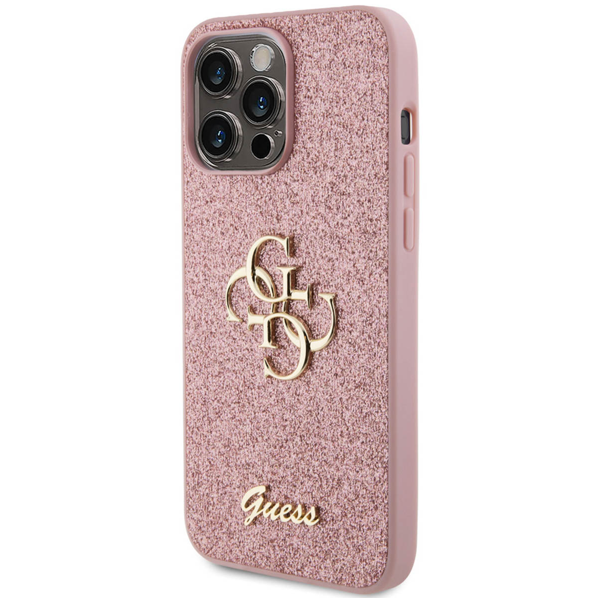 Custodia rosa per telefono con logo Guess. Il telefono ha una custodia rosa e vista laterale.