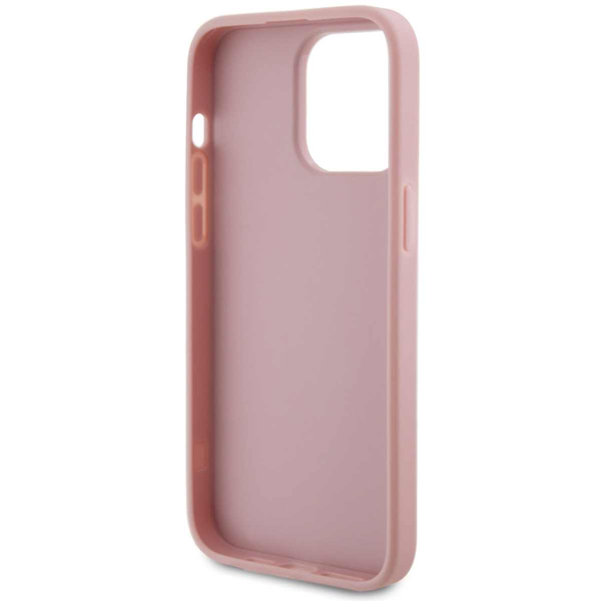 Custodia rosa per telefono. Vista laterale con foro fotocamera e tasti. Superficie liscia.