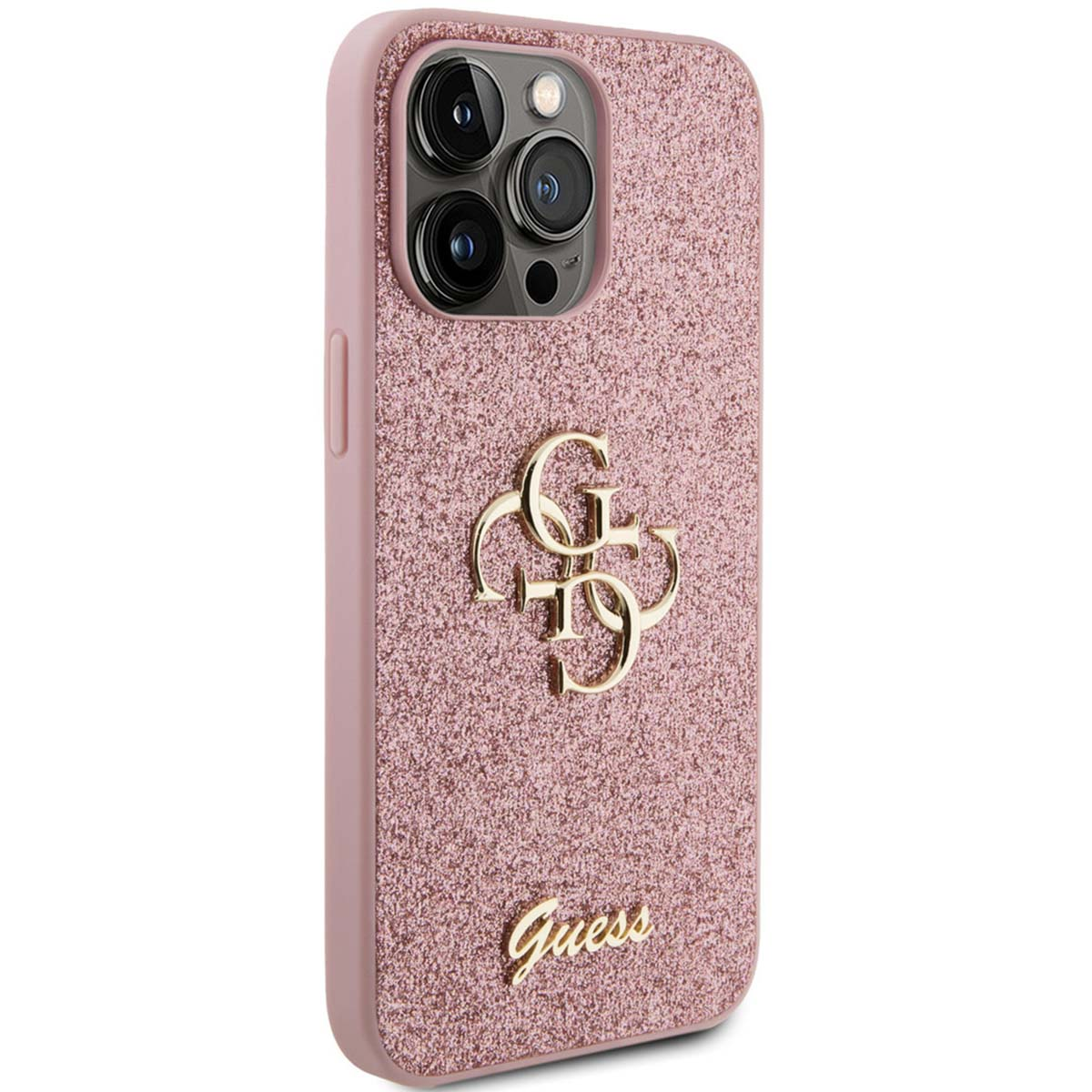 Custodia per telefono rosa con una trama glitterata. Un logo Guess dorato è sul retro.