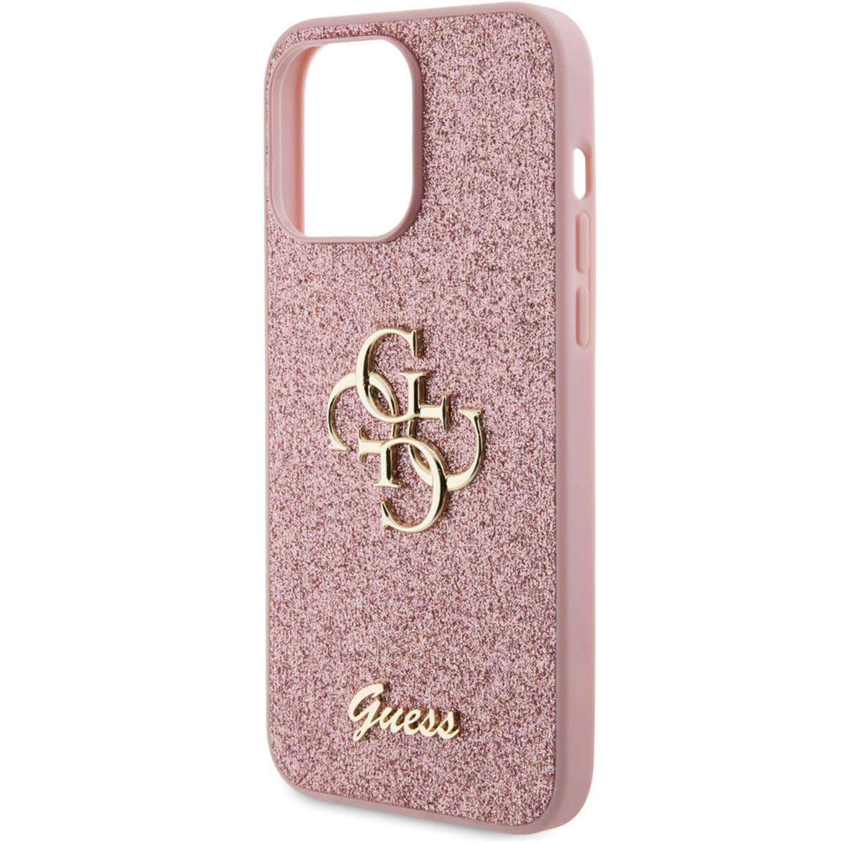 Custodia glitterata rosa con logo Guess. Logo dorato, copre il retro del telefono.
