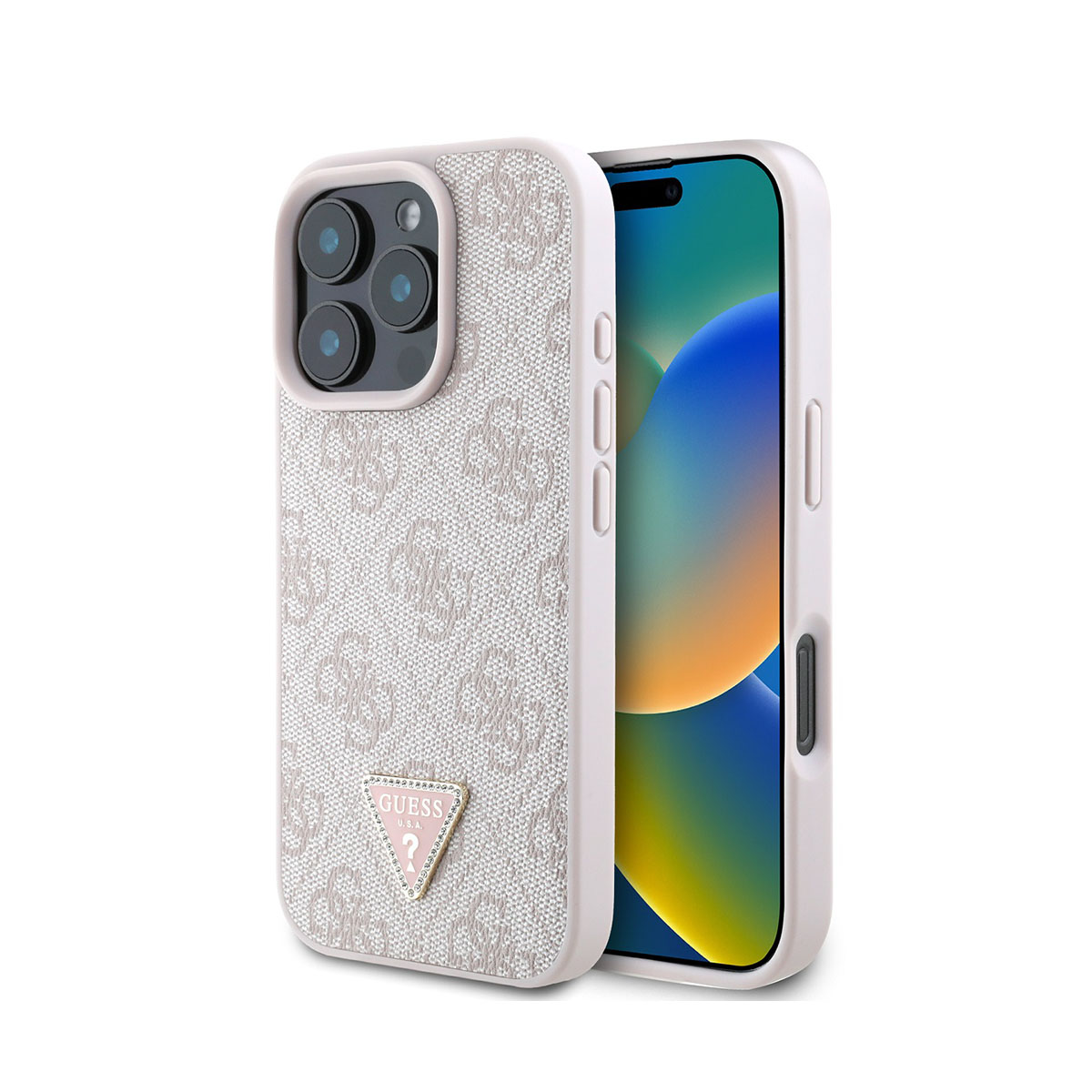 Custodia per telefono con motivo Guess grigio chiaro. Il telefono è nella custodia. Logo triangolo.