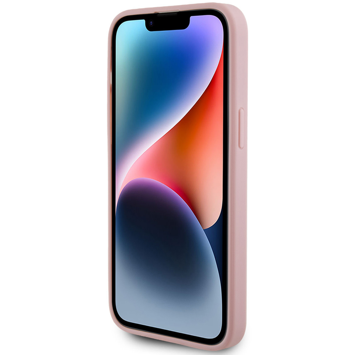 Custodia rosa con telefono. Il telefono mostra uno schermo colorato. Custodia sul lato destro.