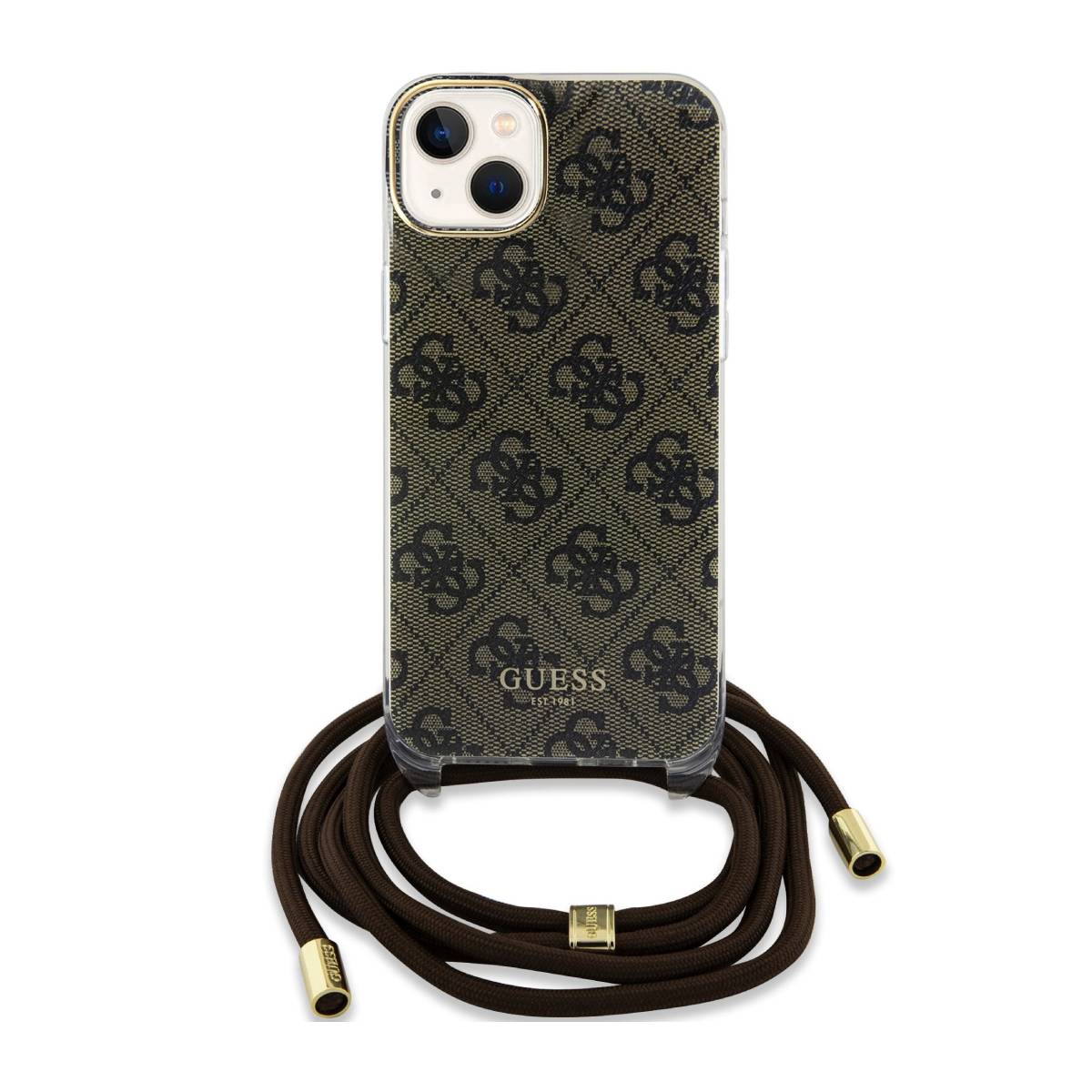 Custodia per telefono con motivo Guess. Cordino marrone attaccato.