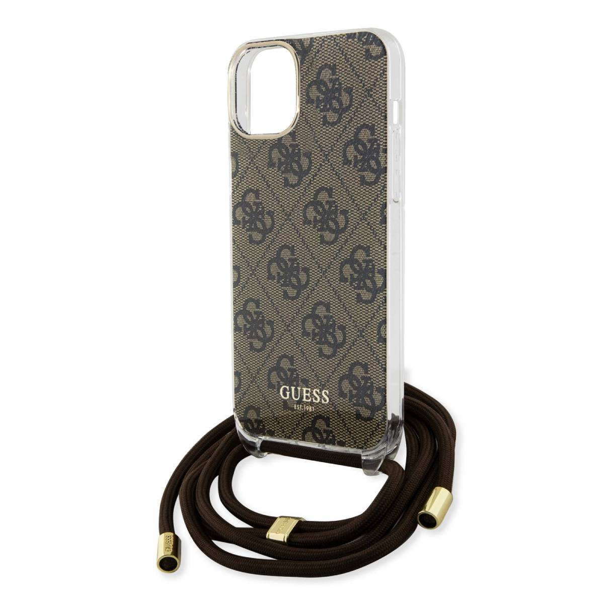 Custodia con motivo Guess marrone. Un cordino marrone pende. Dettagli dorati.