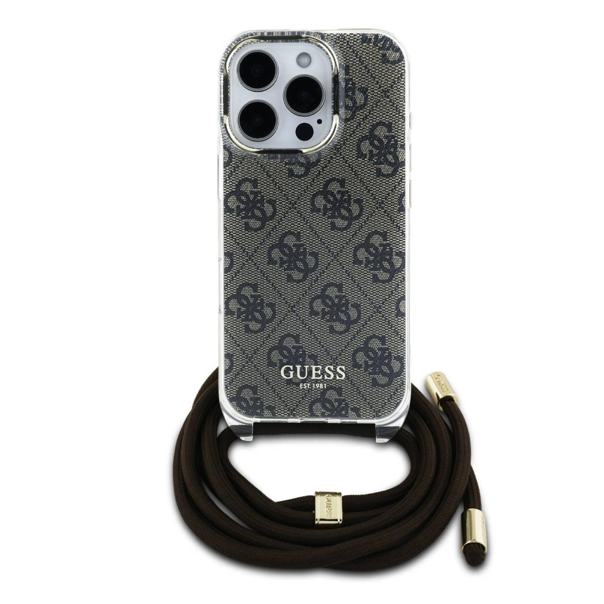 Custodia per telefono con motivo Guess. Cordino marrone attaccato.