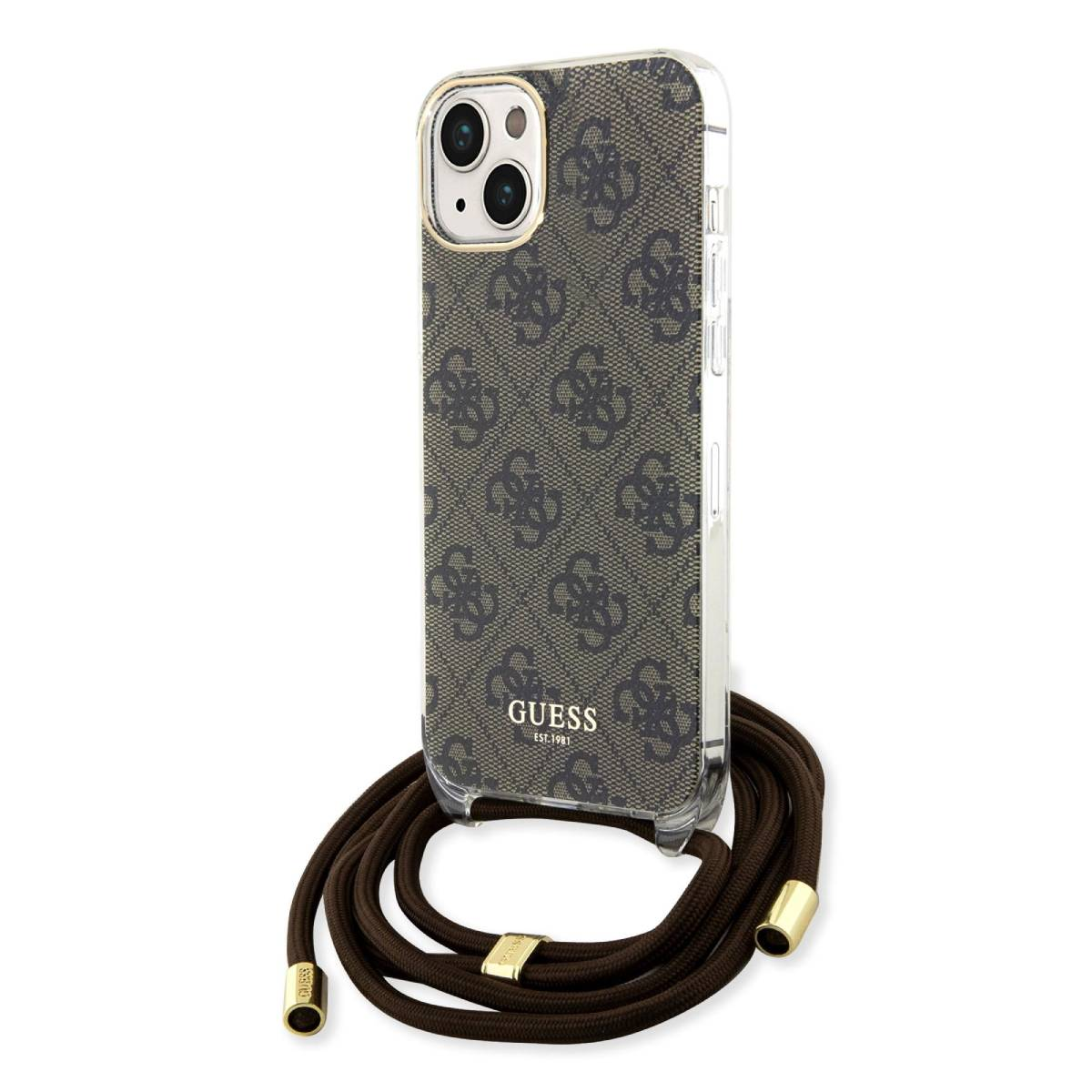 Custodia trasparente con motivo Guess, cinturino marrone e dettagli dorati.