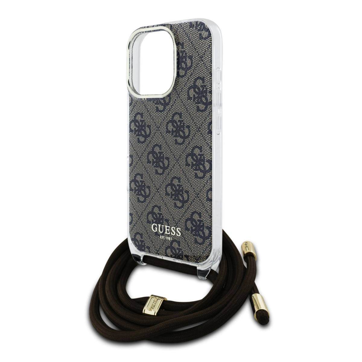 Custodia per telefono con motivo Guess. Cordino marrone attaccato.