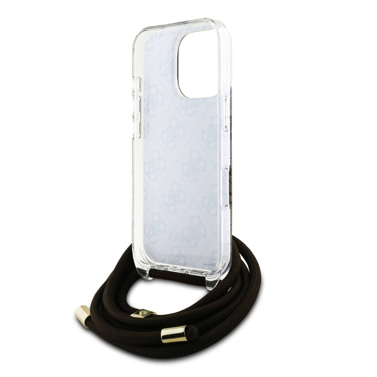 Custodia trasparente con motivo Guess e cinturino marrone. Accenti dorati. Custodia trasparente.