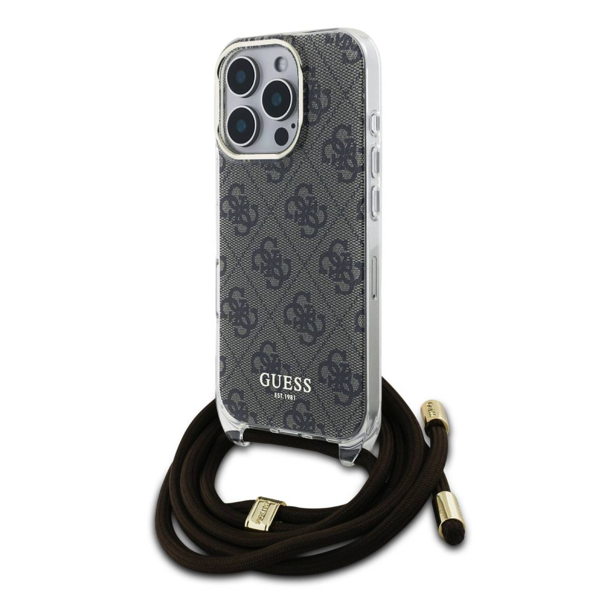 Custodia trasparente con motivo Guess, cinturino marrone e dettagli dorati.