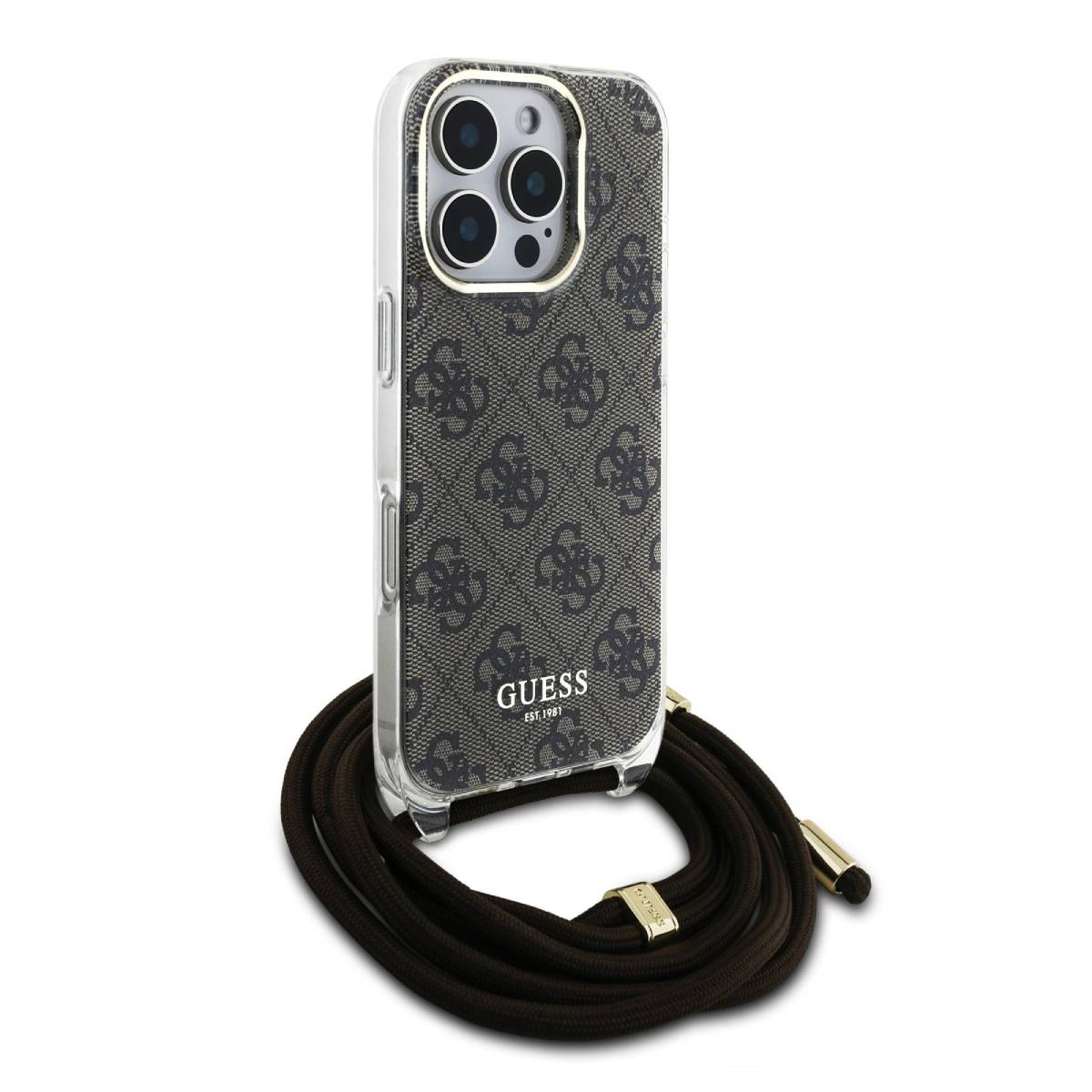 Una custodia per telefono con il logo Guess e una corda nera. La custodia è trasparente, con un motivo.