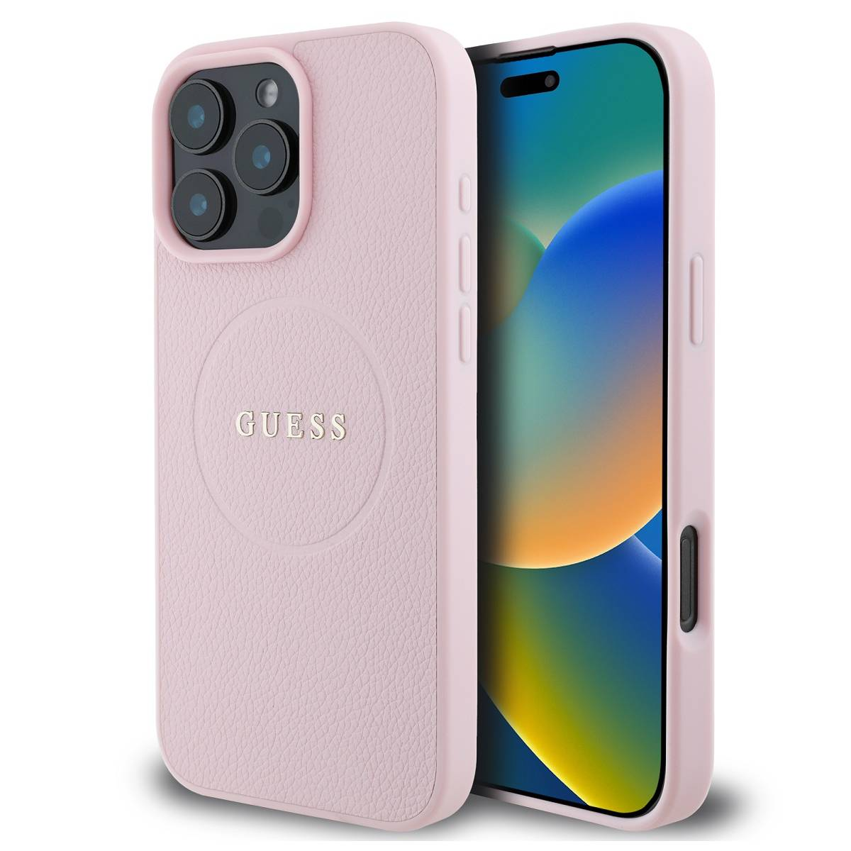 Custodia rosa con logo Guess e obiettivi della fotocamera neri.