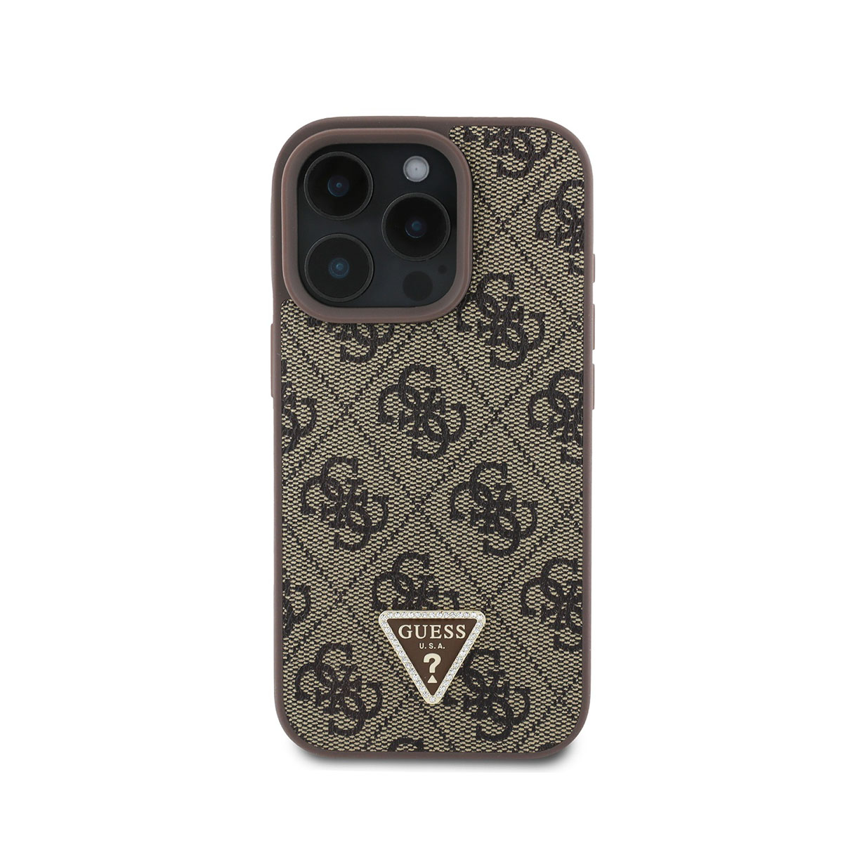 Custodia per telefono con motivo e logo Guess. Rifinitura marrone. Telefono con tripla fotocamera.