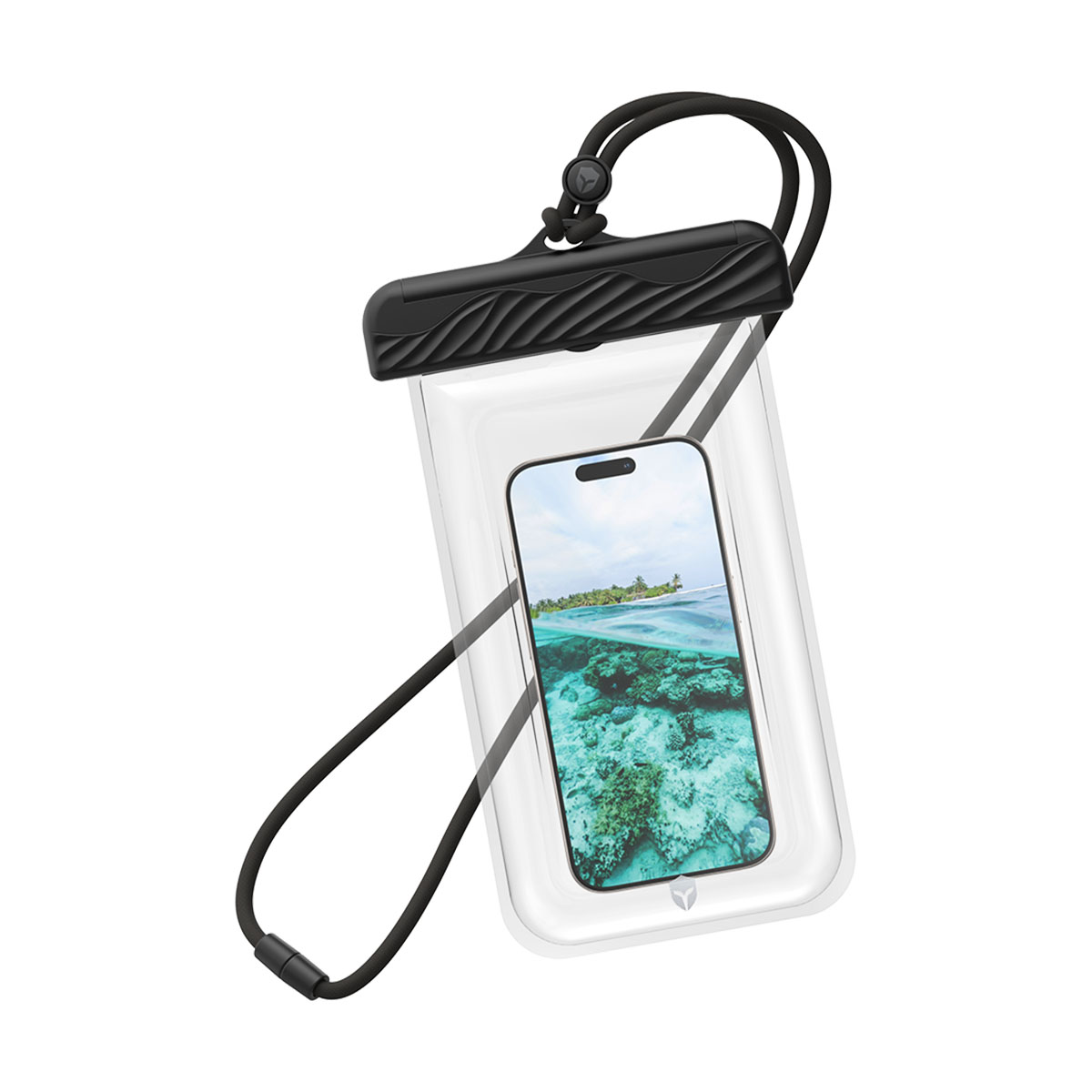 Un telefono in una custodia impermeabile, con una scena di spiaggia tropicale sullo schermo.