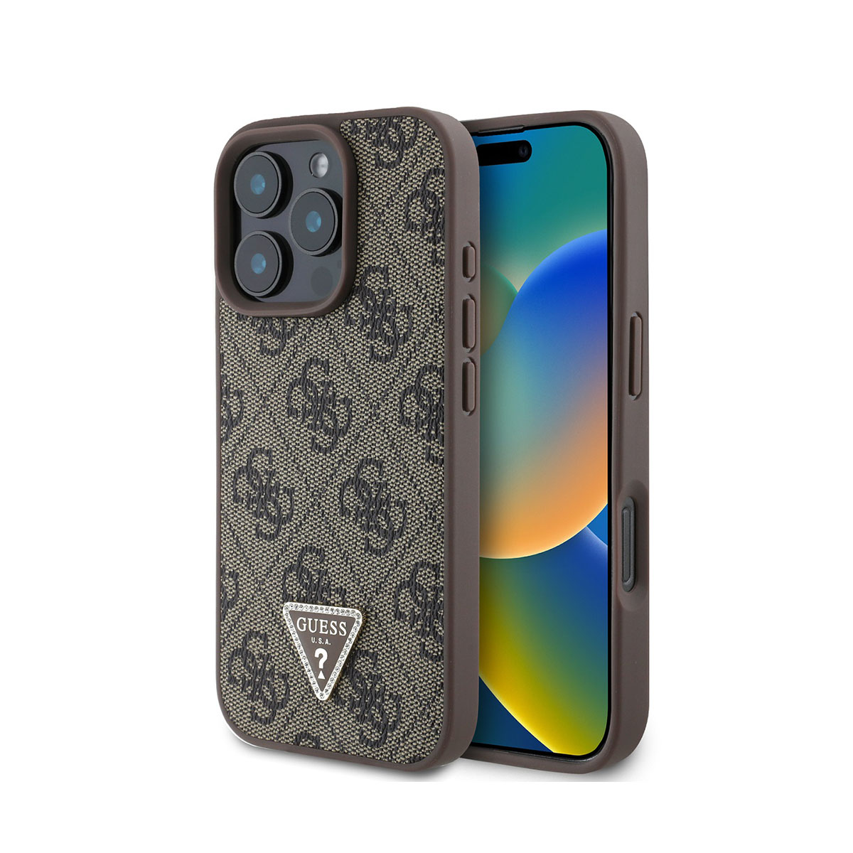 Telefono con motivo e logo Guess. Rifinitura marrone. Telefono con tripla fotocamera.