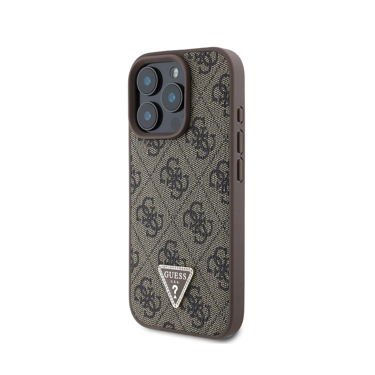 Custodia per telefono con motivo e logo Guess. Rifinitura marrone. Telefono con tripla fotocamera.