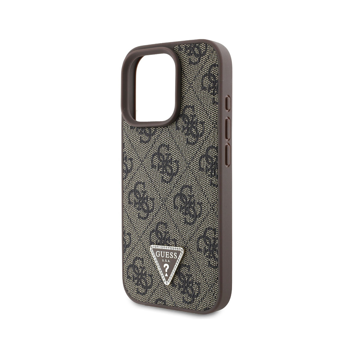 Custodia per telefono con motivo e logo Guess. Rifinitura marrone. Telefono con tripla fotocamera.