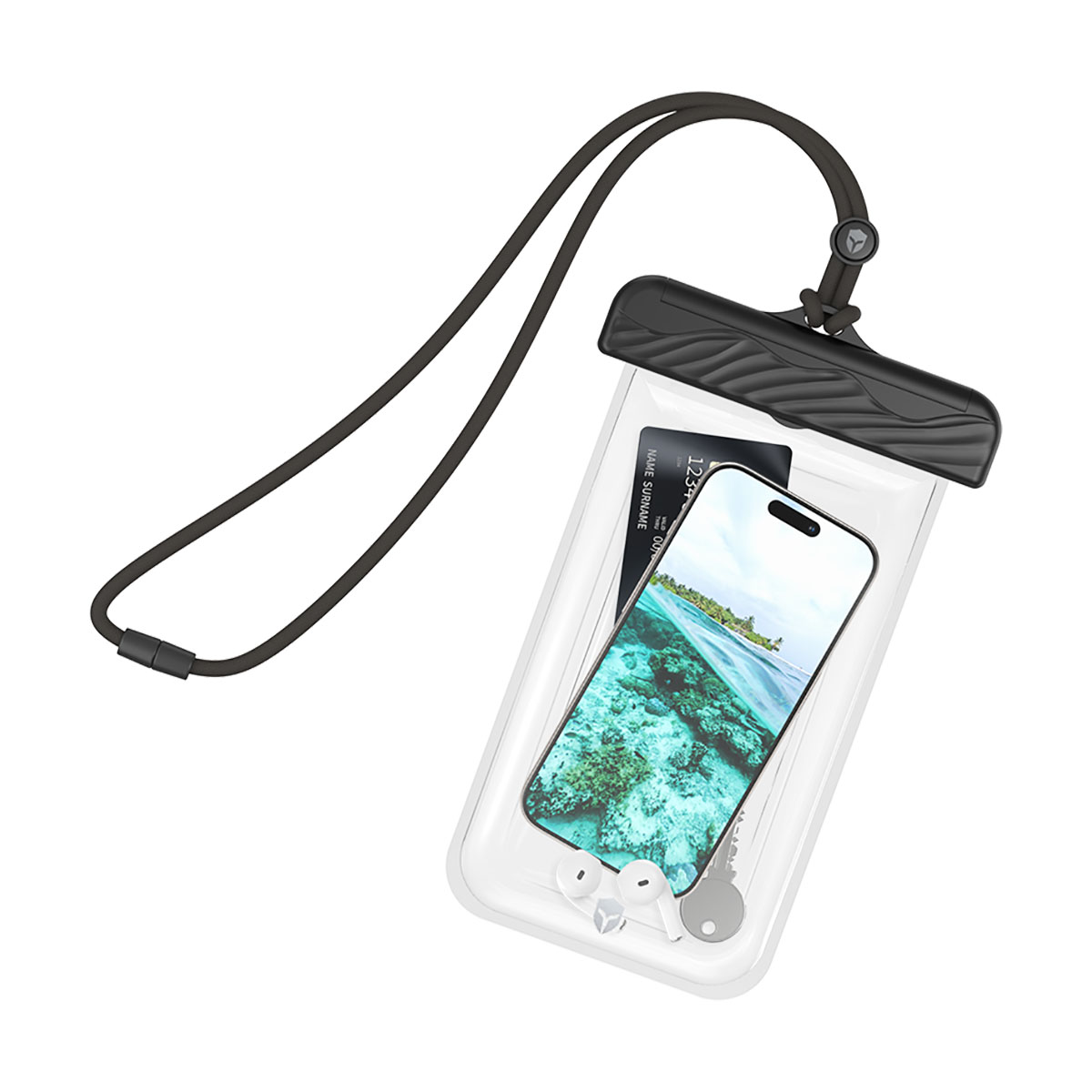 Telefono in custodia impermeabile con scena di spiaggia sullo schermo. Auricolari e carta all'interno.