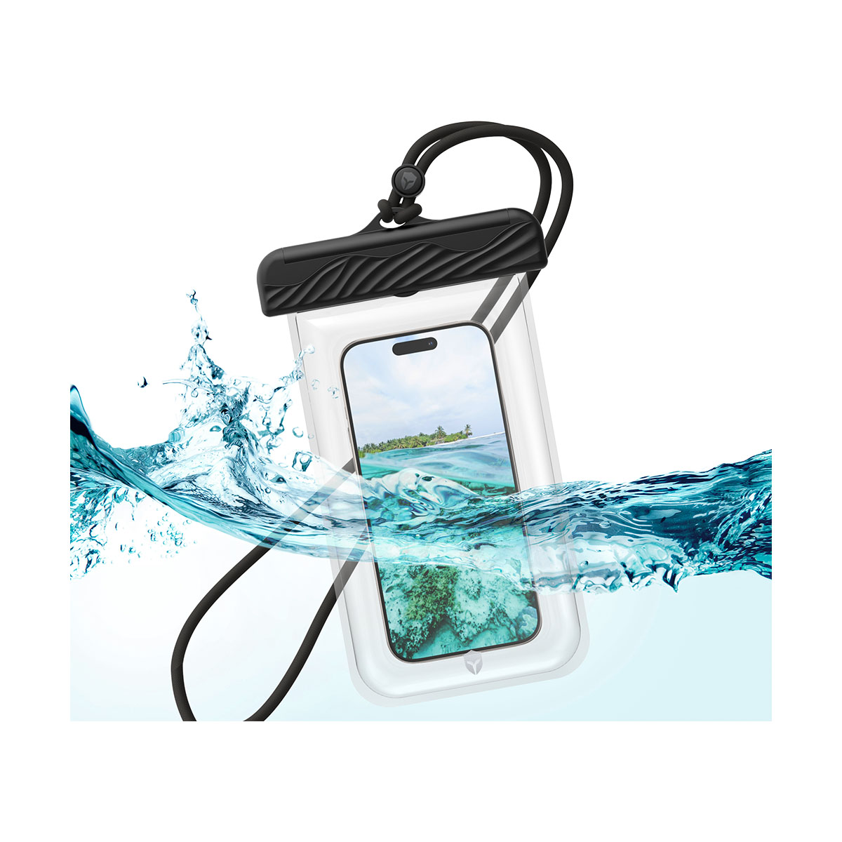 Telefono in una custodia impermeabile, circondato da spruzzi d'acqua.