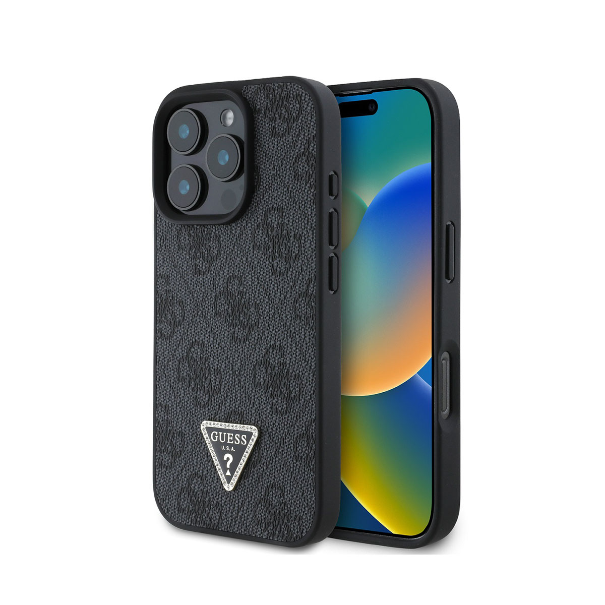 Custodia per telefono Guess nera con telefono. Ha il logo triangolare Guess.