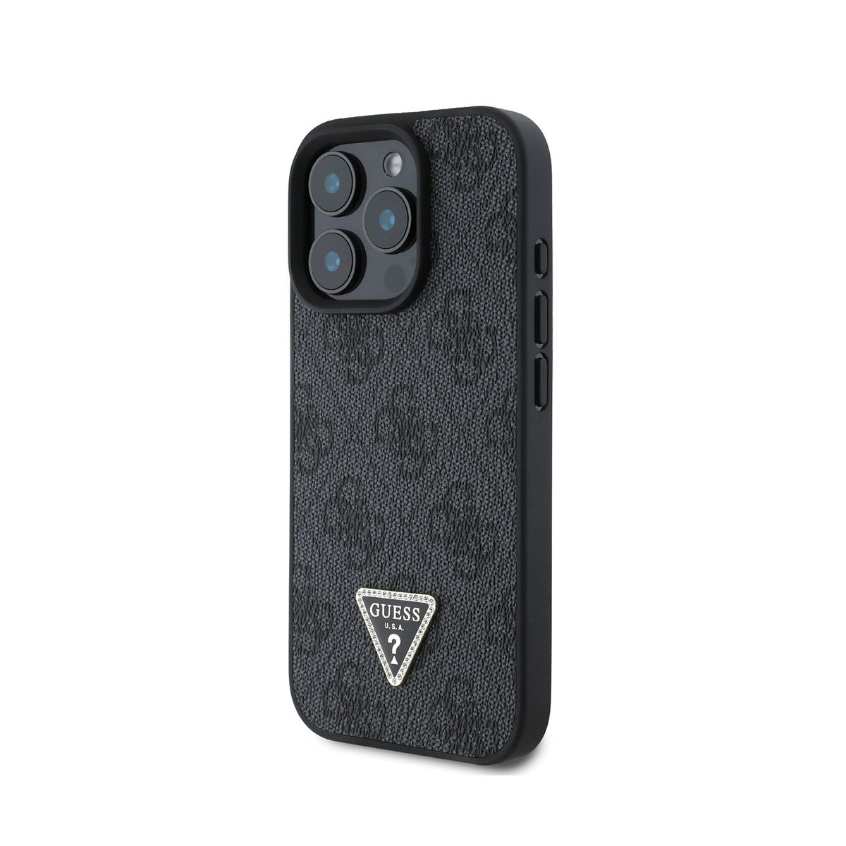 Custodia per telefono nera con logo Guess. La custodia ha un motivo e un'emblema Guess argentato.