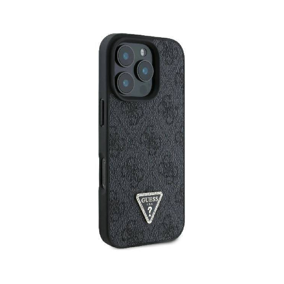 Custodia per telefono Guess nera con il logo triangolare Guess. La custodia è nera.