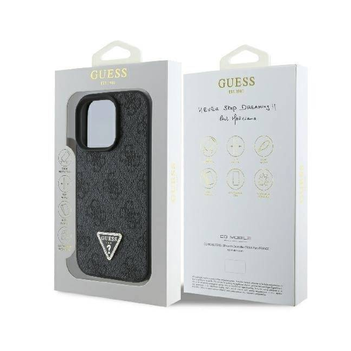 Una custodia in una scatola bianca. La scatola ha il logo e testo Guess.