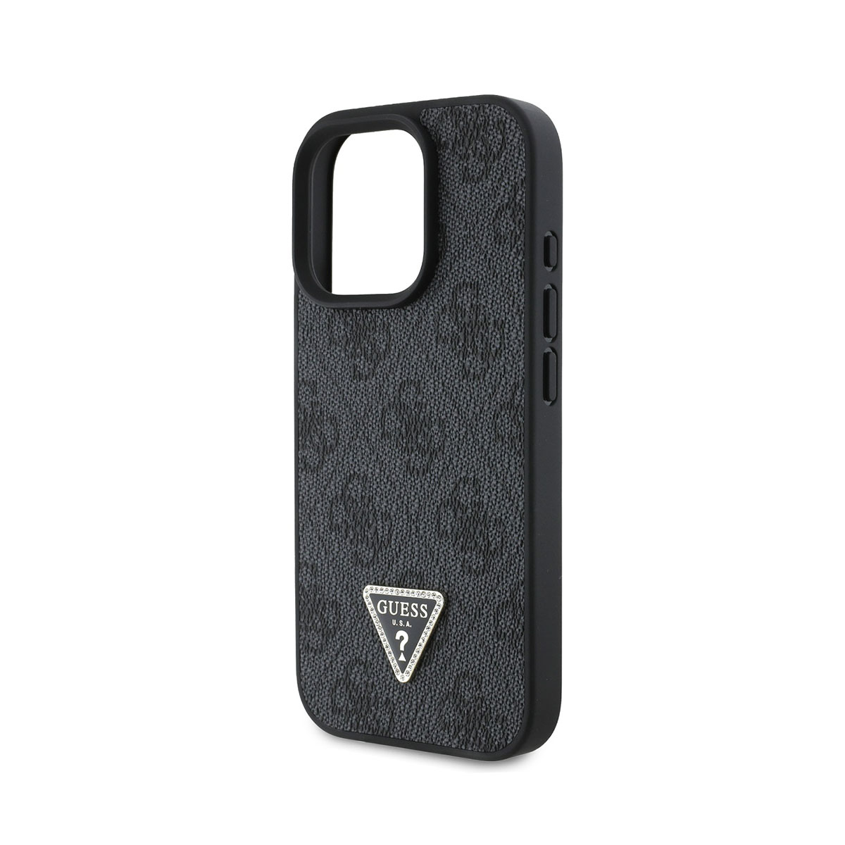Custodia per telefono Guess nera con il logo triangolare Guess. La custodia è nera.