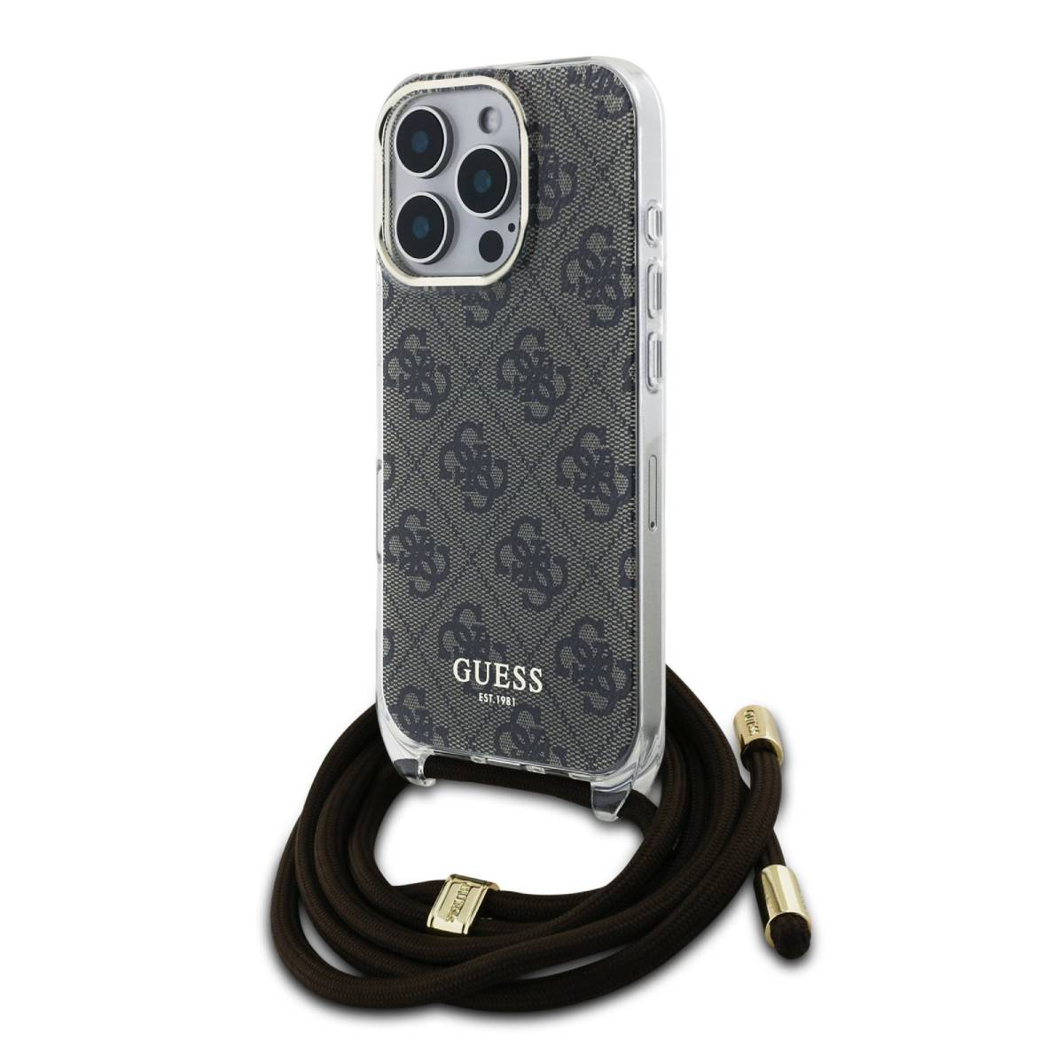 Custodia per telefono con motivo grigio scuro e logo Guess. Cordino marrone. Sfondo bianco.