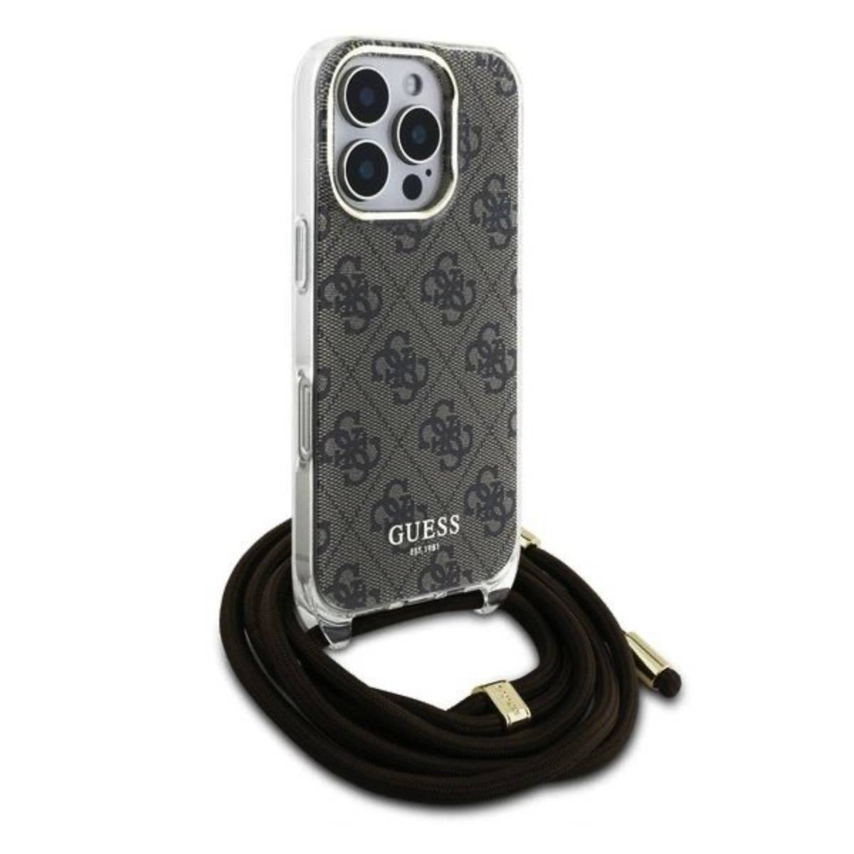 Custodia trasparente con cinturino nero. Con motivo Guess e logo Guess.