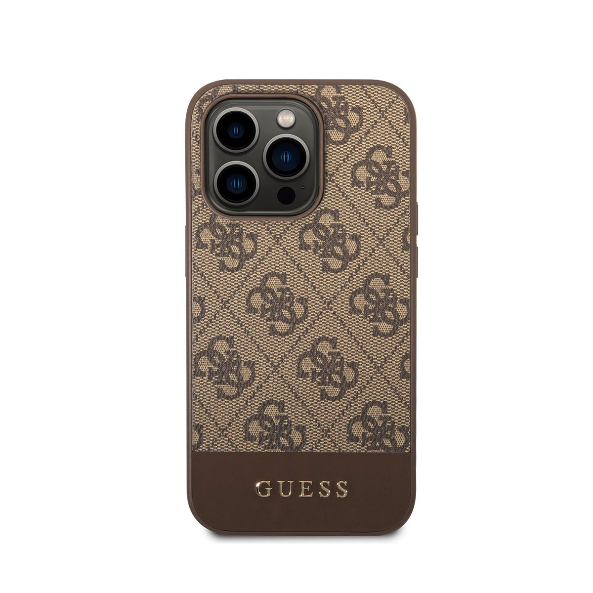 Braune Guess-Handyhülle mit sich wiederholendem Logomuster, Telefon innen.