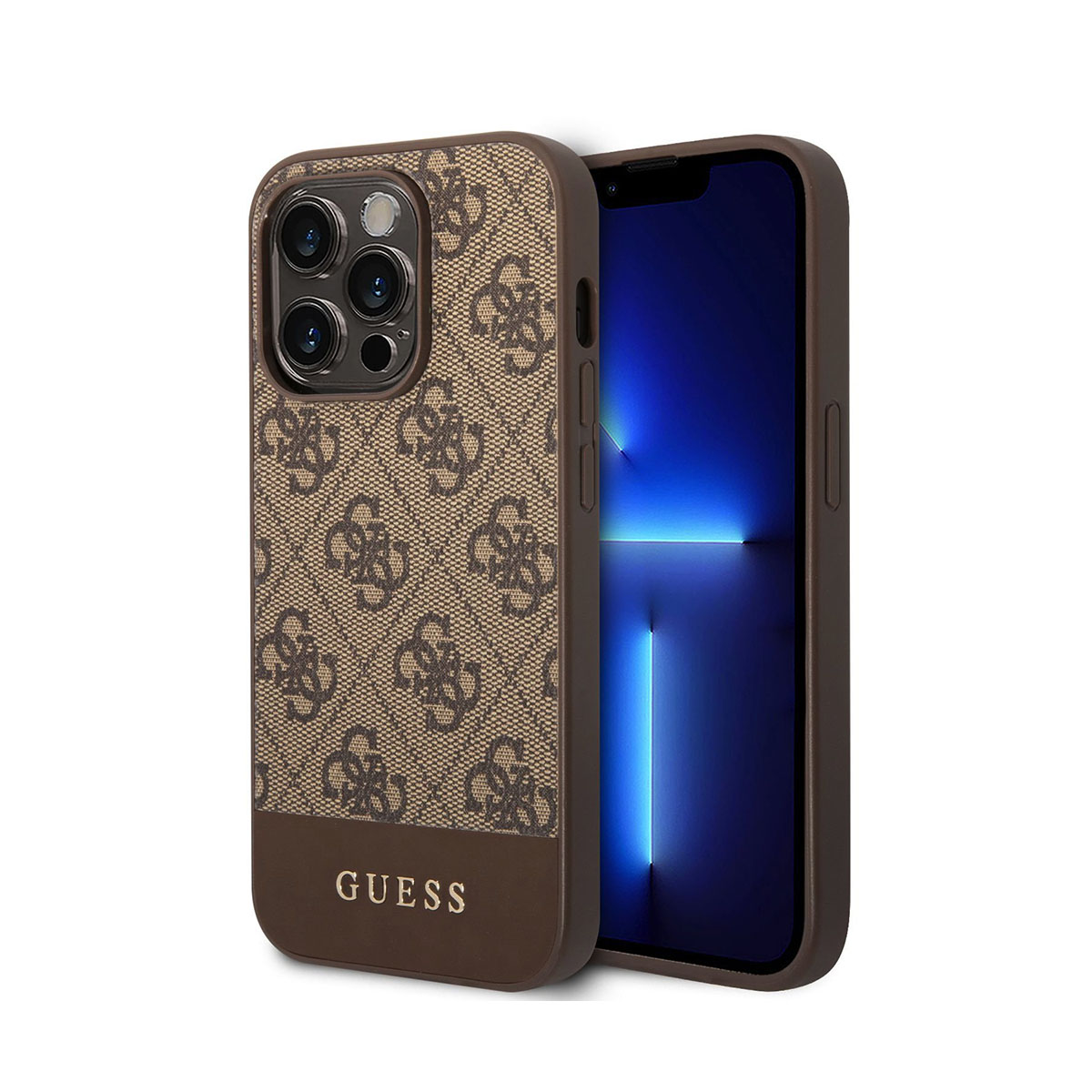 Braune und beige Guess-Handyhülle mit Logomuster und Guess unten.
