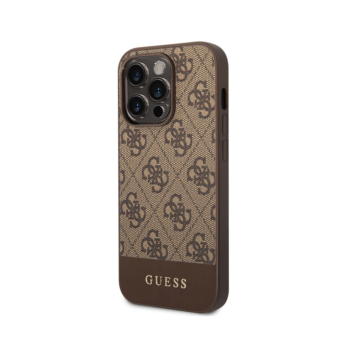 Braune Guess-Handyhülle mit Logomuster und Guess unten.
