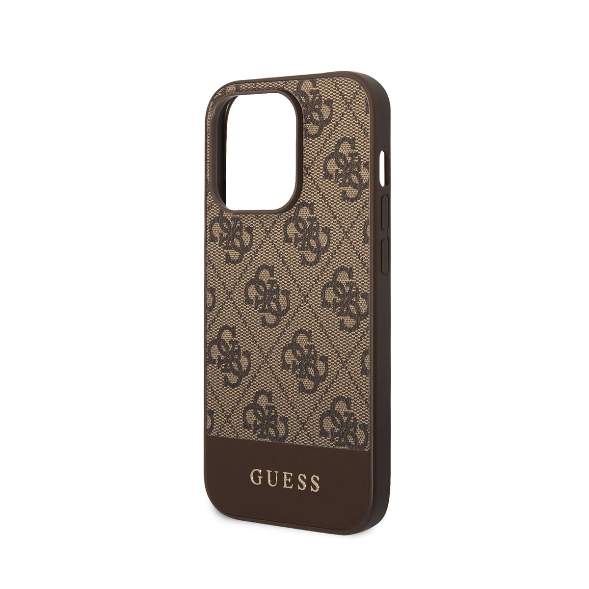 Braune Handyhülle mit Guess-Logo und Muster. Brauner Boden mit Guess-Text.