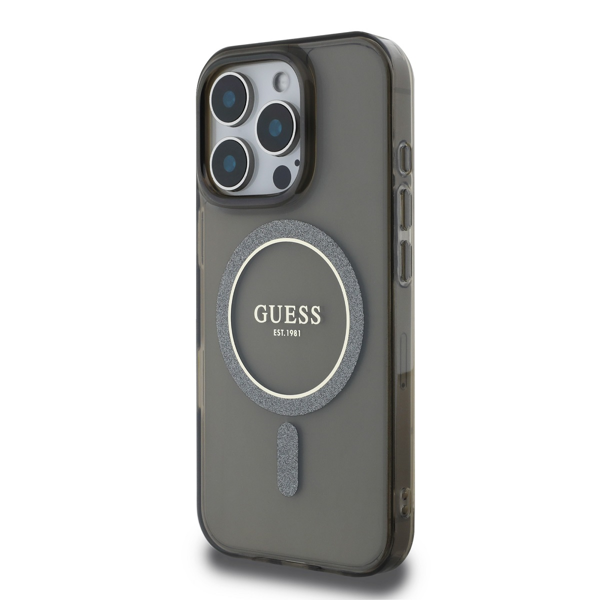 Una custodia nera per iPhone con logo Guess, un cerchio argentato e un cinturino nero. La custodia è grigia.