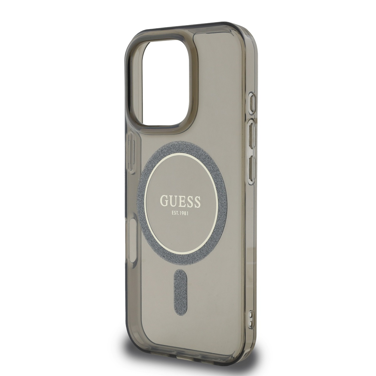 Custodia trasparente con cerchio grigio con logo Guess. Vista laterale della custodia visibile.