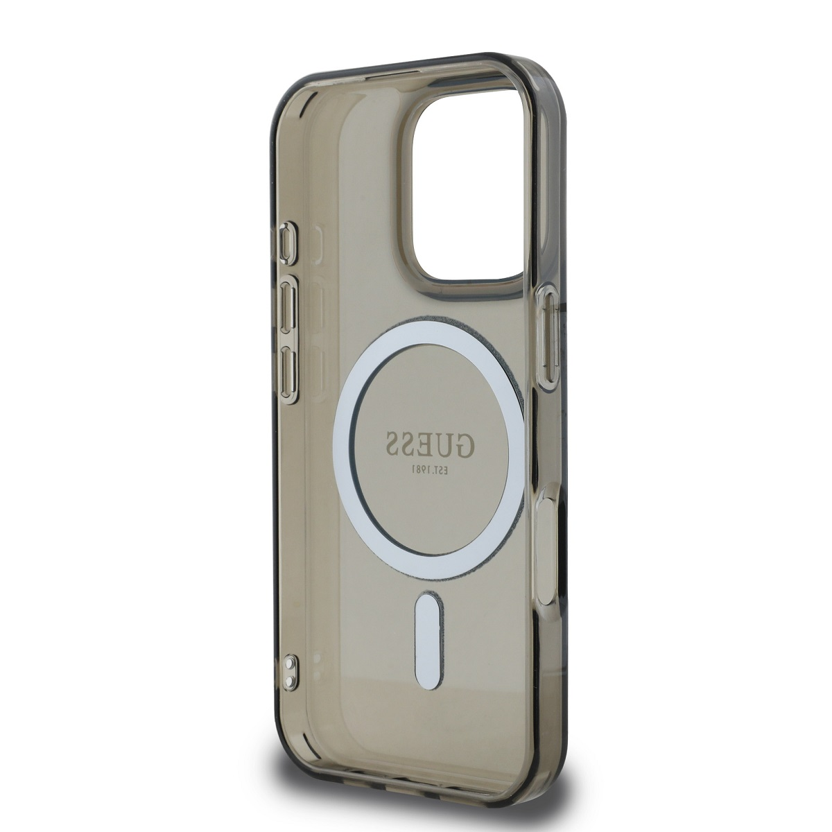 Custodia trasparente per telefono con logo Guess. La custodia ha un anello magnetico.