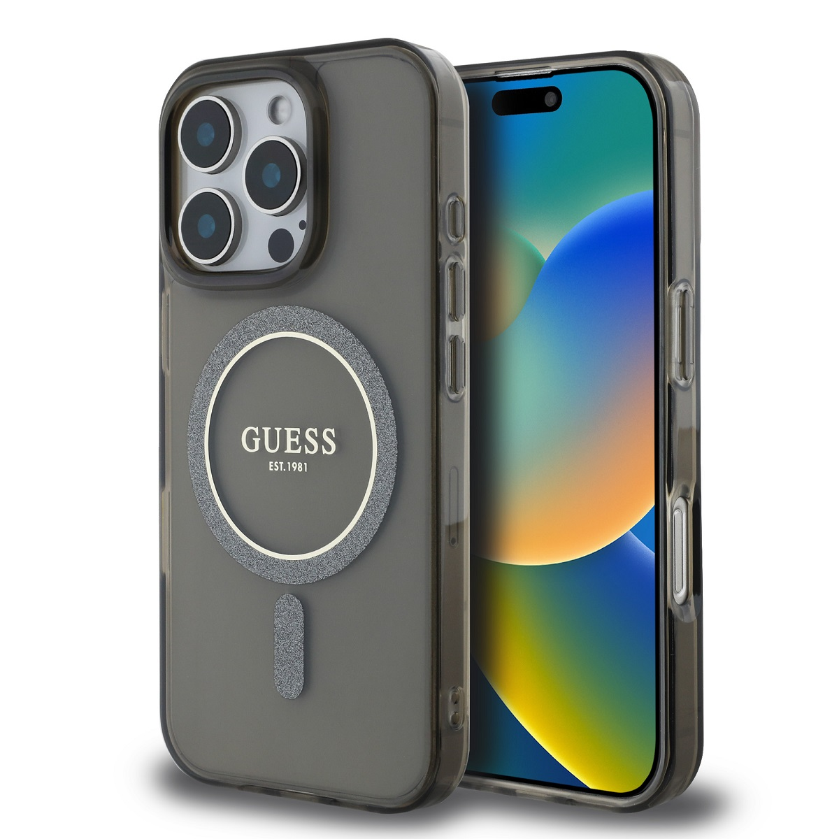 Custodia trasparente con cerchio grigio con logo Guess. Telefono all'interno. Fotocamere visibili.