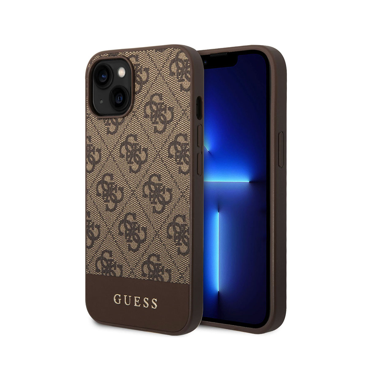iPhone in una custodia marrone con un motivo a logo ripetuto e una sezione inferiore marrone con il nome del marchio.