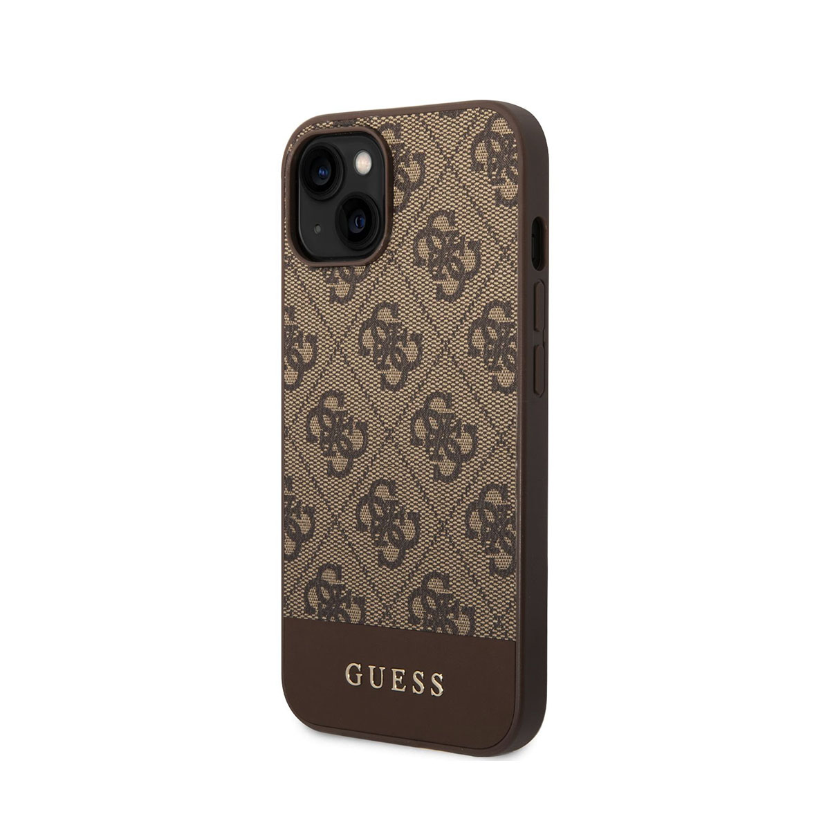 Custodia per iPhone con un motivo a logo ripetuto e una sezione inferiore marrone con il nome del marchio.