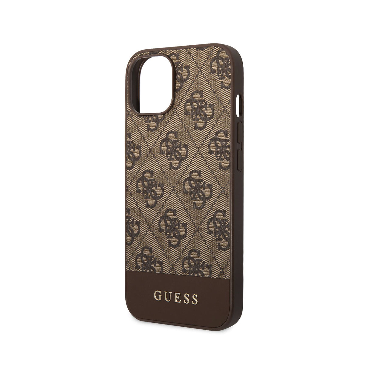 Custodia Guess marrone. Motivo 'G' ripetuto, sezione inferiore marrone scuro, logo Guess.