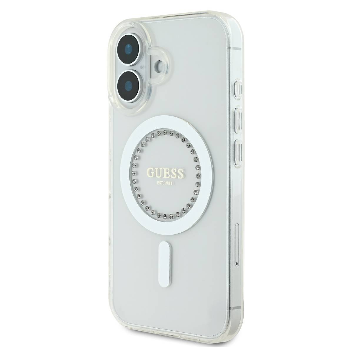 Transparente Handyhülle mit Telefon. Weißer Kreis mit Guess-Logo und weißes Rechteck.