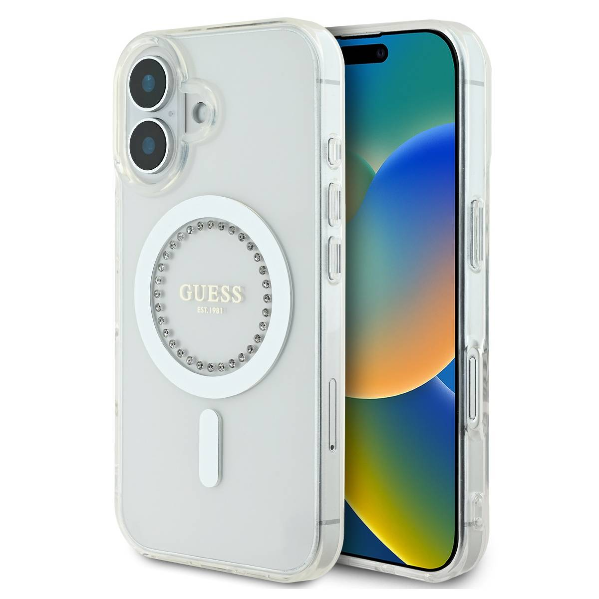 Transparente Handyhülle mit Telefon. Weißer Kreis mit Guess-Logo, weißes Rechteck.