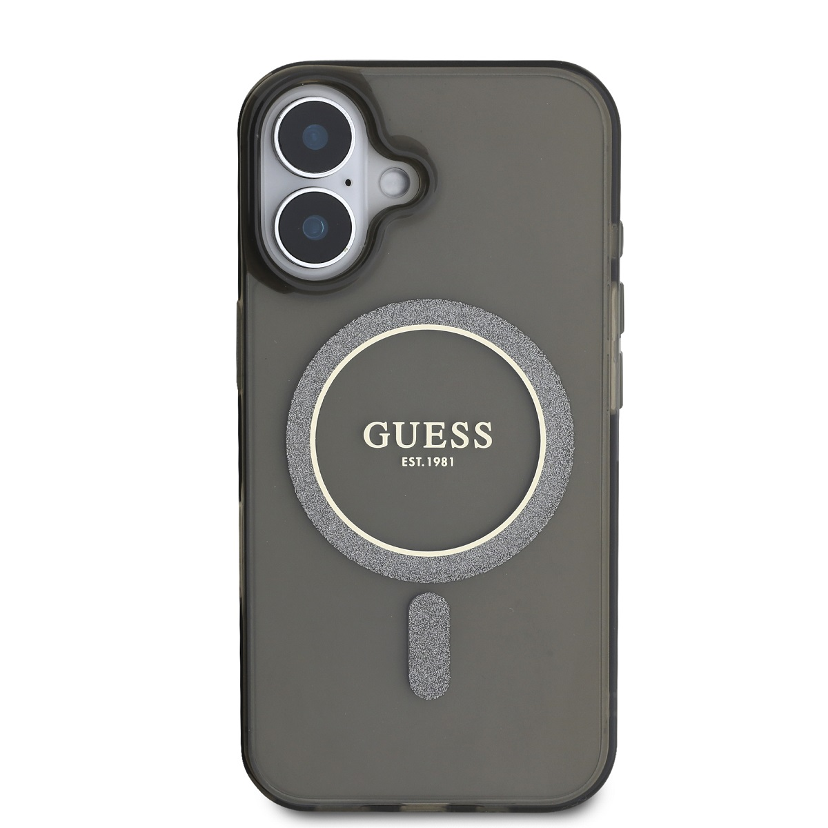 Custodia per telefono grigio scuro con logo Guess e lenti della fotocamera.